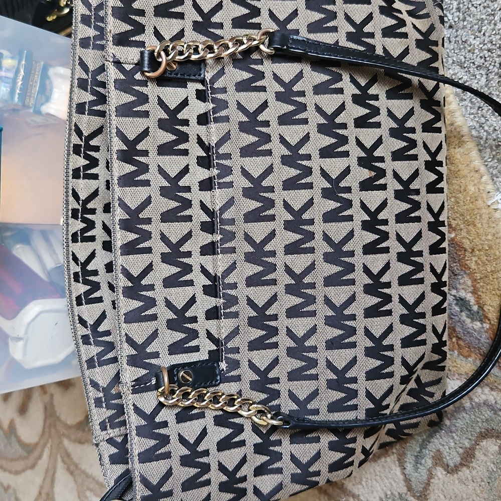 Michael Kors Black and Tan Tote Bag Sholder Bag  Monograhmed MK
